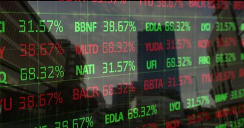 Reflective Stock Ticker Display over Urban Cityscape