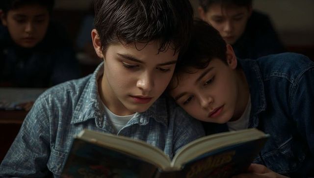 Reading together in classroom, boys leaning on shoulder and focusing on illustrated book