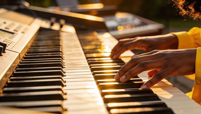 Playing expressive keyboard at golden hour with hands on keys and vibrant yellow sleeve