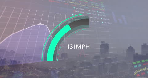 Futuristic Speed and Stock Market Data Visualization Over Cityscape