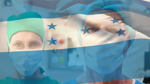 Surgeons in Masks with Overlay of Honduran Flag