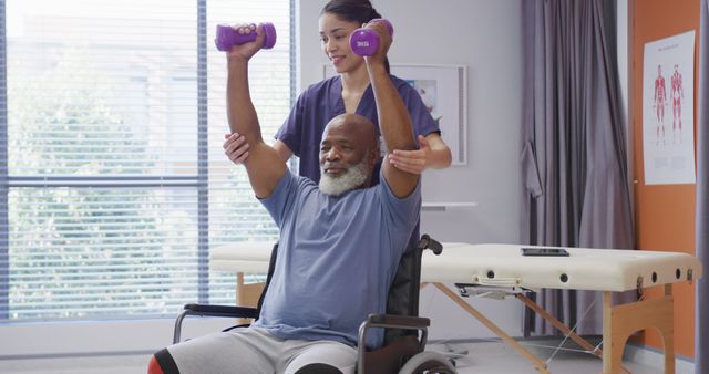 Senior man in wheelchair exercising with physical therapist. Man is lifting dumbbells while professional assists, promoting rehabilitation and strength training. Suitable for healthcare, physiotherapy, and senior wellness concepts. Ideal for depicting elderly care, recovery, and professional support in clinical settings.