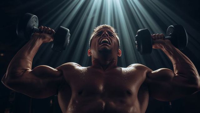 Pressing heavy dumbbells under dramatic spotlight muscular athlete intense strength
