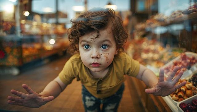 Curious toddler with chocolate-smeared face reaching for pastries through bakery glass