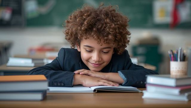 Young student engaged in reading at school desk with book stacks