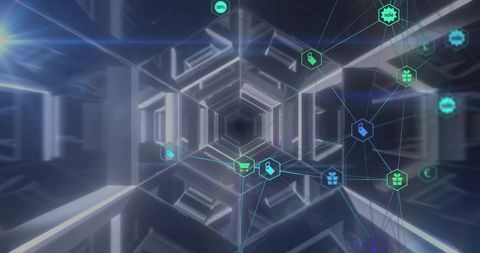 Futuristic digital tunnel with network icons on dark background