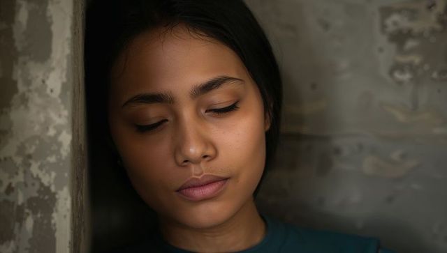 Contemplative asian woman leaning against peeling wall teal top studio portrait