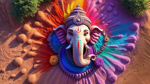 Vibrant lord ganesha sculpture with sand art and colored powder blossoms
