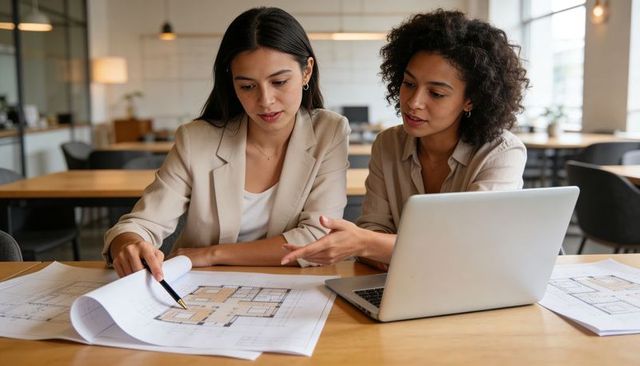 Businesswomen collaborating over blueprints and laptop in modern coworking office