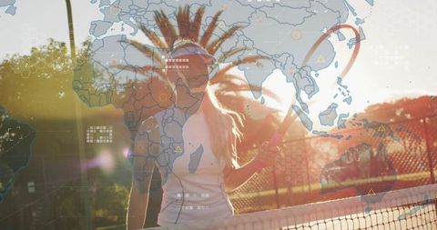 Female Tennis Player Merging Sports and Global Mapping Technology