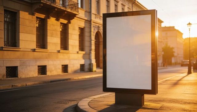 Blank backlit advertising billboard on urban sidewalk at golden hour for mockup template