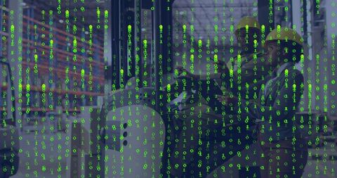 Engineers Inspecting Industrial Valve Using Tablet with Binary Data Overlay