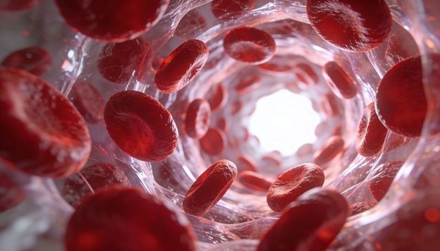 Macro view showing flowing red blood cells inside vessel with luminous central lumen