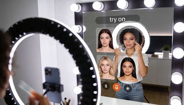 Curly-haired woman applying makeup with ar virtual-try-on smart mirror and ring light