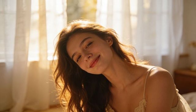 Sunlit morning portrait of smiling woman in lace cami, serene cozy bedroom glow