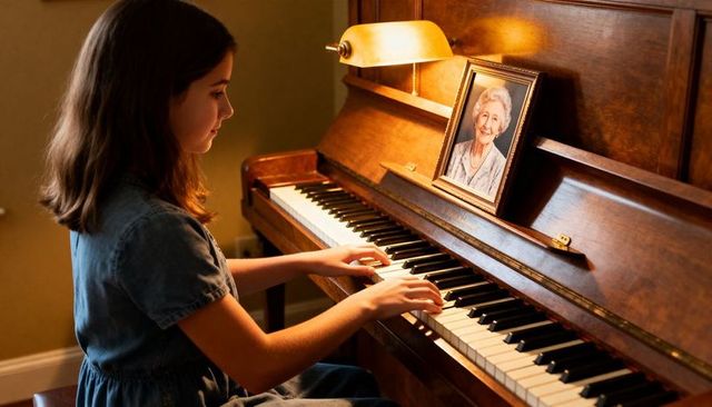 Girl practicing upright piano by brass lamp with framed portrait, cozy home music moment