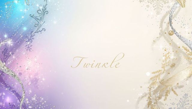 Twinkle gold script on pastel gradient with metallic ribbon swirls and filigree sparkle