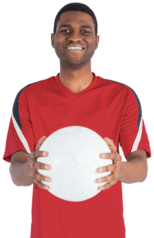 Smiling African American Man Holding Soccer Ball on Transparent Background