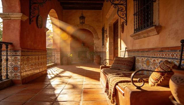Sunbeams casting warm glow across terracotta tile veranda featuring rustic spanish bench