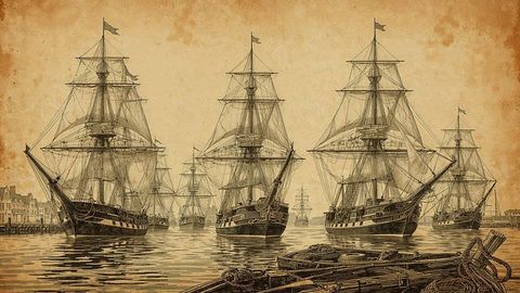 Historic british empire three-masted sailing ships at harbor with coiled ropes
