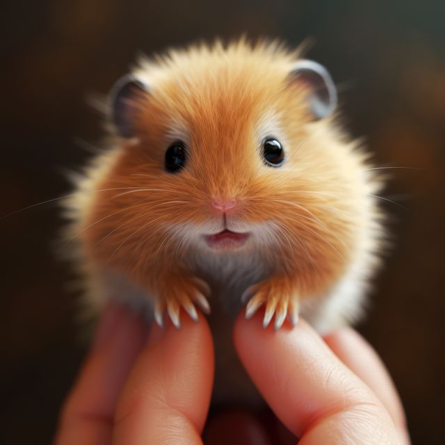 Close up of cute hamster standing on human hand, created using generative ai technology. Pet, animal and rodent concept digitally generated image.