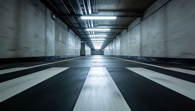 Low-angle Underground Ramp Showing Crosswalk Stripes, Symmetry, Leading Lines