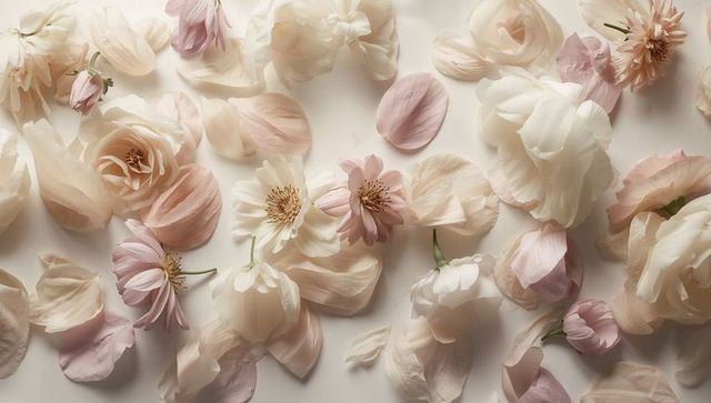 Soft pastel petals flatlay with creamy roses, ranunculus and daisies for wedding designs
