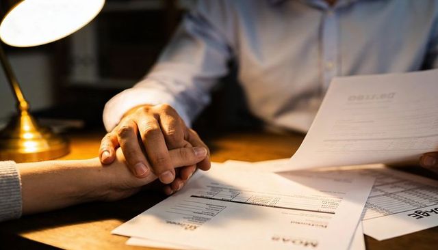 Holding hand during financial consultation while reviewing bills and invoices