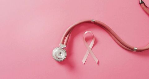 Pink Stethoscope with Breast Cancer Ribbon on Pink Background for Awareness Campaigns
