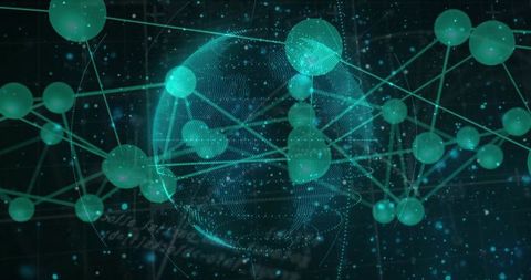 Rotating wireframe globe with connected nodes and futuristic data network visualization