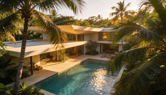 Sunlit tropical modern villa with private pool and palm-framed courtyard at sunset