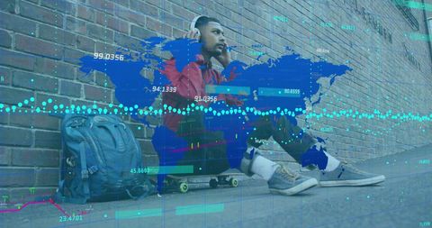 Man with Headphones Analyzing Digital Data Interface Downtrodden Background