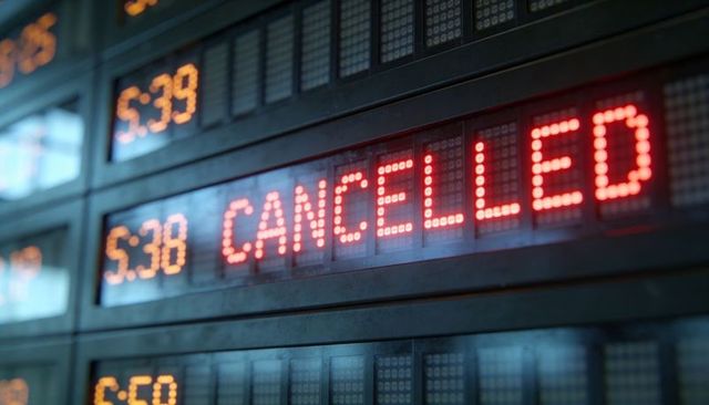 Red led departure board displaying cancelled notice and timed schedules at train terminal
