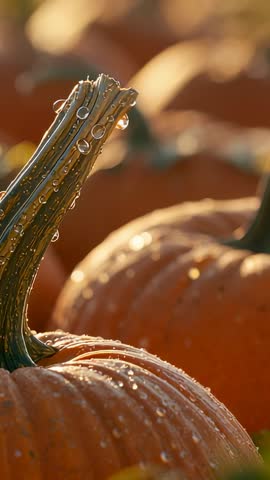 Sunlight Bathing Pumpkin Patch Dew Dripping Down Stem Close-Up Vertical Video