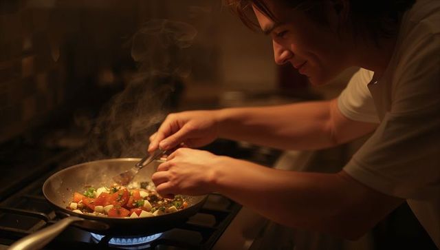 Asian man cooking tomato and tofu stir-fry on gas stovetop, warm kitchen lighting