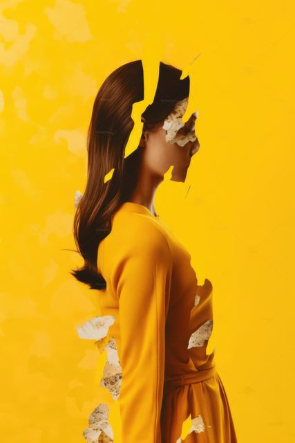 Creative conceptual art scene depicting side view of a woman in a yellow dress with a fragmented and abstract silhouette. Could be used for modern art galleries, creative graphic design projects for advertisements, fashion editorials, or conceptual modern art exhibitions. Perfect for emphasizing creativity, uniqueness, and artistic imagination.