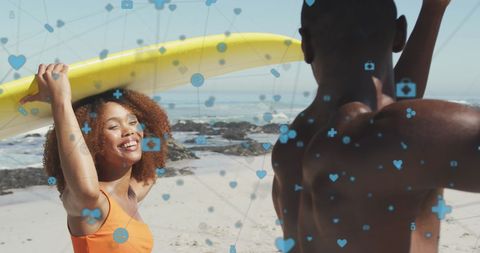 Couple Enjoying Surfing with Digital Network Overlay on Beach