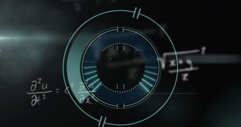 Futuristic data visualization portal with animated light rings and equations