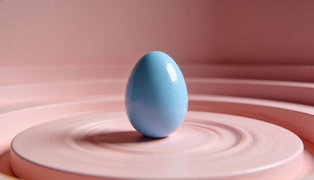 Glossy light-blue egg standing on pink concentric rings, minimal pastel still life