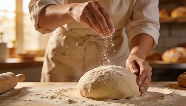 Baker dusting and shaping rustic dough with flour on wooden counter in sunlit bakery