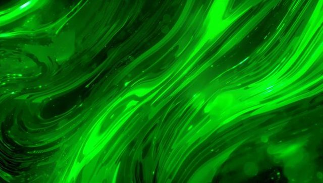 Flowing neon green liquid ribbons with glossy swirls and bokeh particles