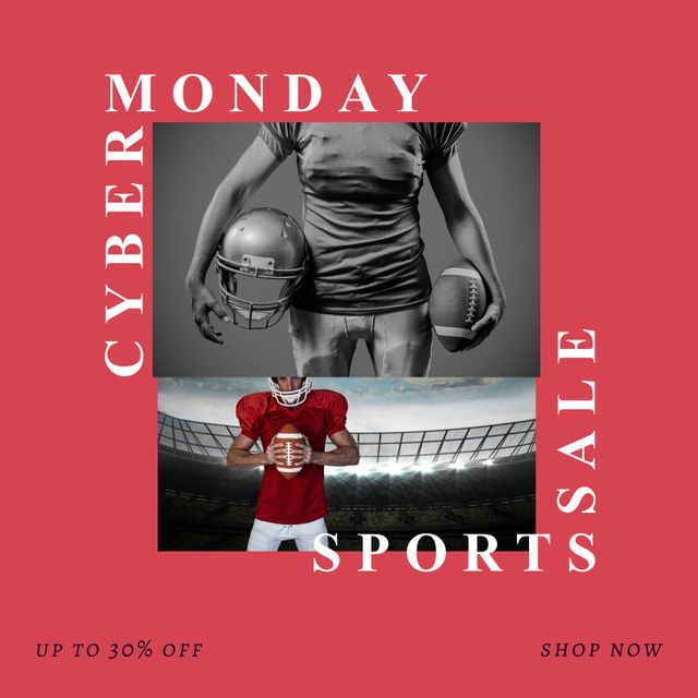 This vivid image highlights a Cyber Monday sports sale with American football players, perfect for marketing campaigns and promotions. The bold red background and sports theme make it ideal for retailers and businesses featuring athletic gear, apparel, or sports memorabilia. The image is suitable for digital advertisements, social media posts, websites, and email campaigns targeting sports enthusiasts and holiday shoppers.