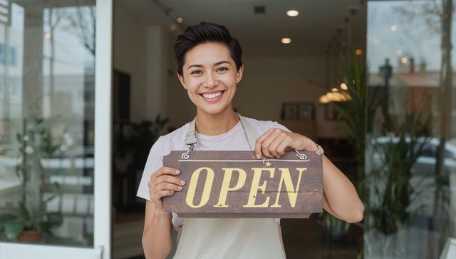 Friendly asian cafe owner holding open sign smiling in cozy storefront doorway