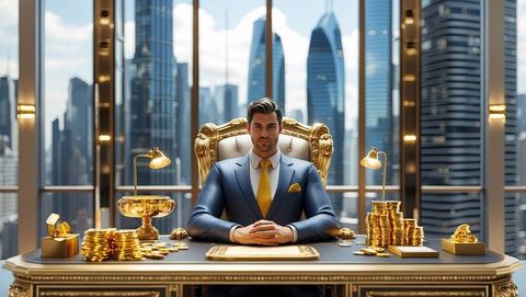 Executive in luxury office with gold accents, millionaire lifestyle