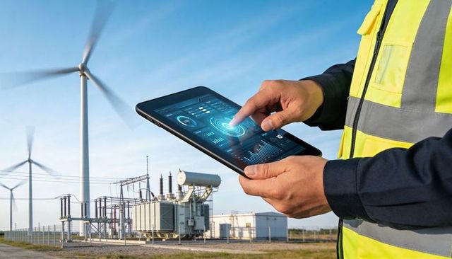 Wind farm technician monitoring smart grid using tablet dashboard at substation