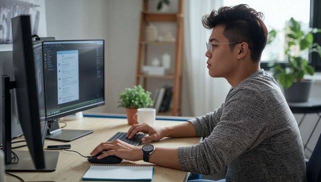 Focused Asian man typing at dual monitors in minimalist home office with plants and light