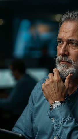 Senior professional scanning control room monitors and making strategic decisions vertical video