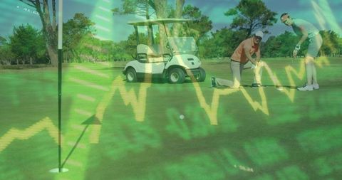 Mature Golf Partners Lining Up Putts with Stock Market Chart Overlay for Business Strategy