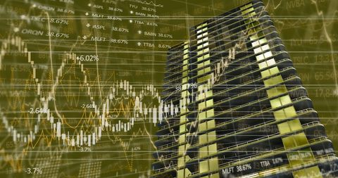 Financial Data Charts Over Tall Building Reflecting Stock Market Trends