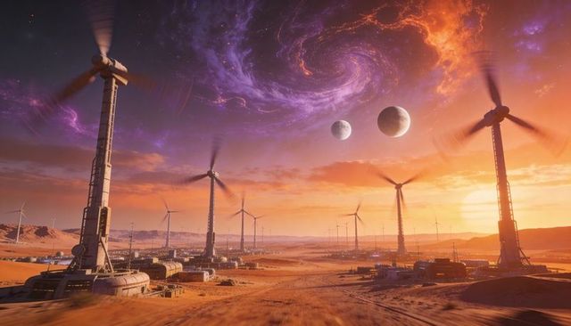 Futuristic wind farm on desert planet at sunset with purple nebula sky and twin moons